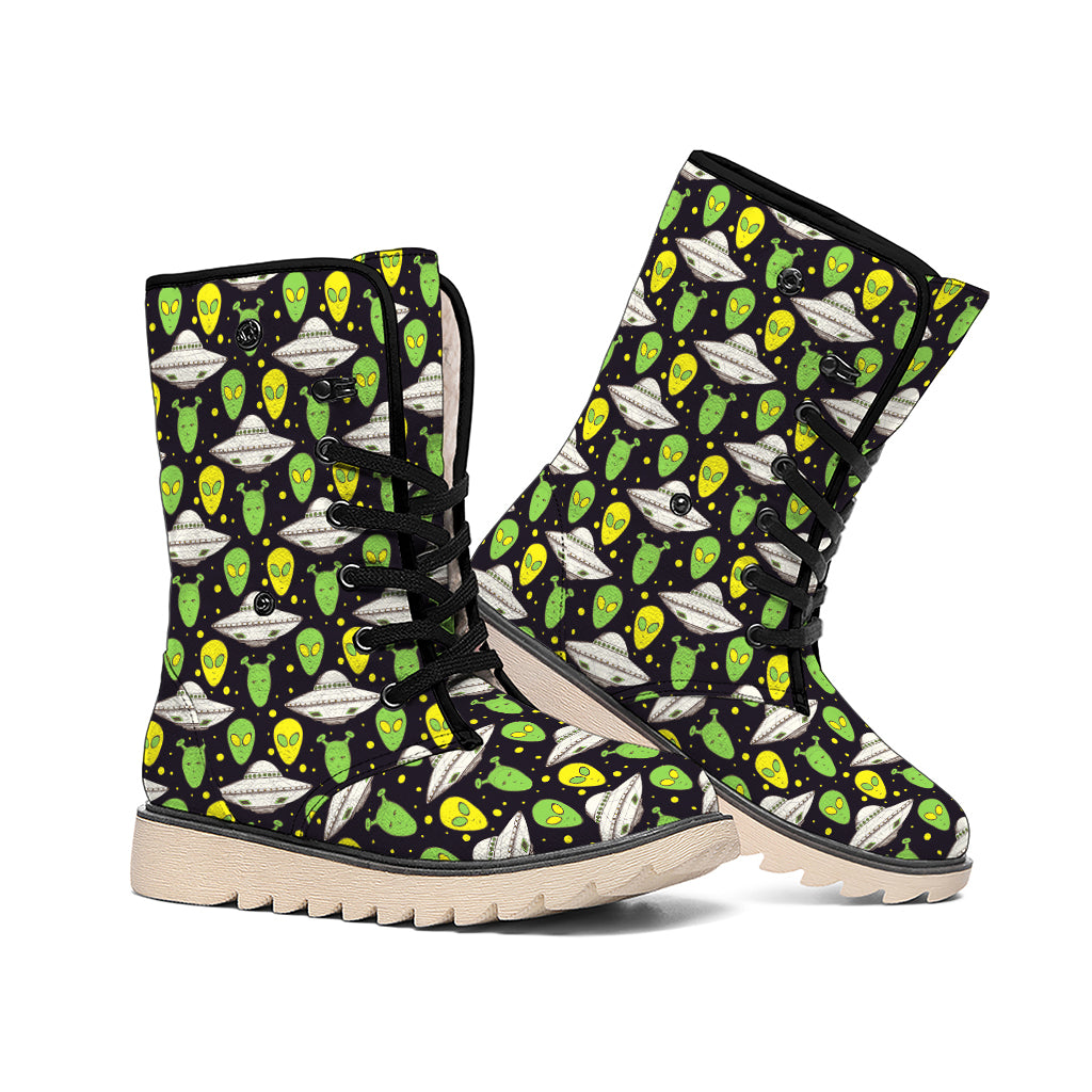 Green Alien UFO Space Print Winter Boots