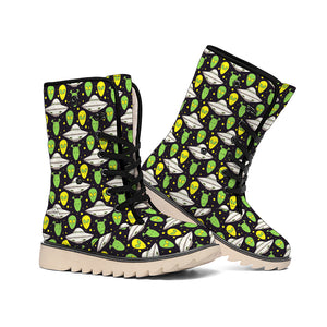 Green Alien UFO Space Print Winter Boots