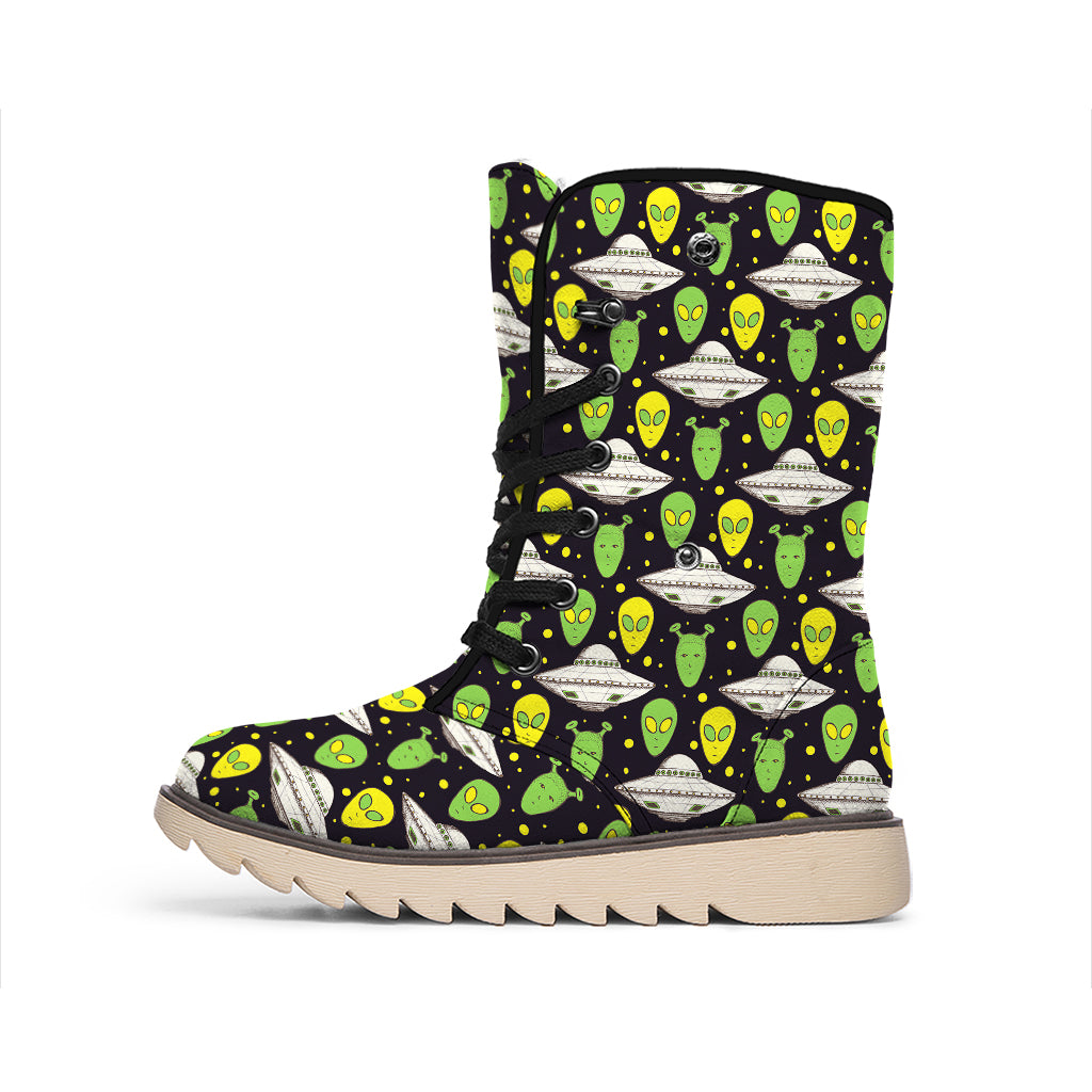 Green Alien UFO Space Print Winter Boots