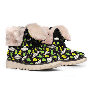 Green Alien UFO Space Print Winter Boots