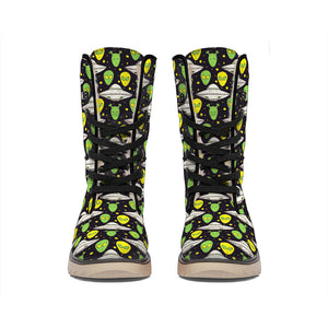 Green Alien UFO Space Print Winter Boots