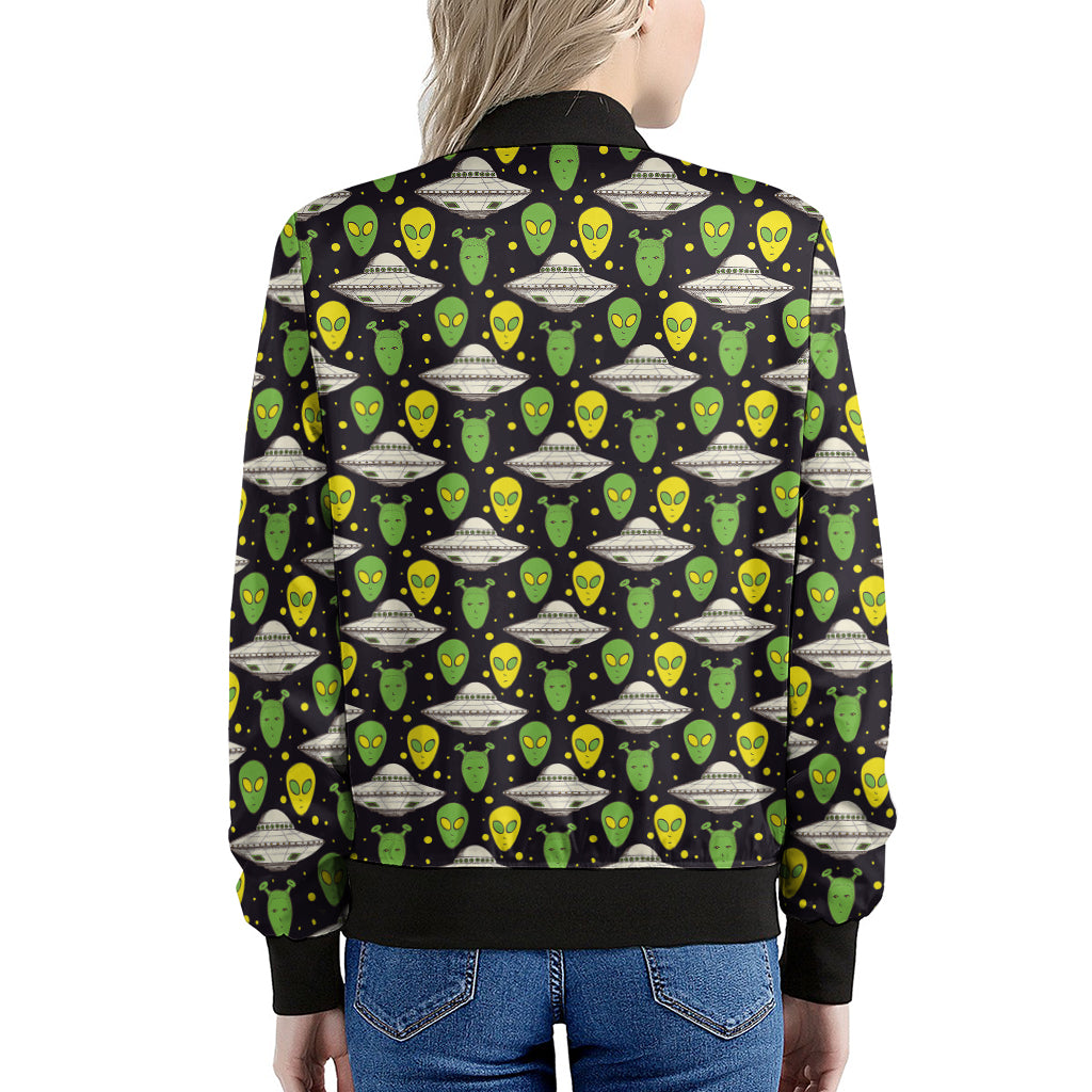 Green Alien UFO Space Print Women's Bomber Jacket