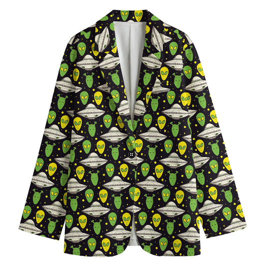 Green Alien UFO Space Print Women's Cotton Blazer