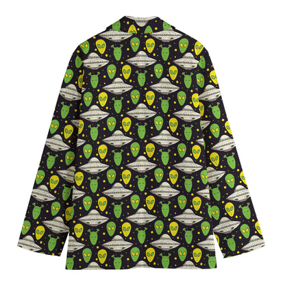 Green Alien UFO Space Print Women's Cotton Blazer