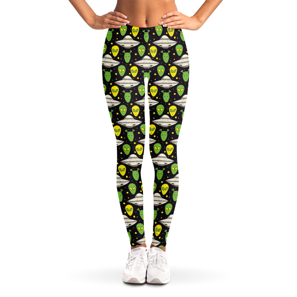 Green Alien UFO Space Print Women's Leggings