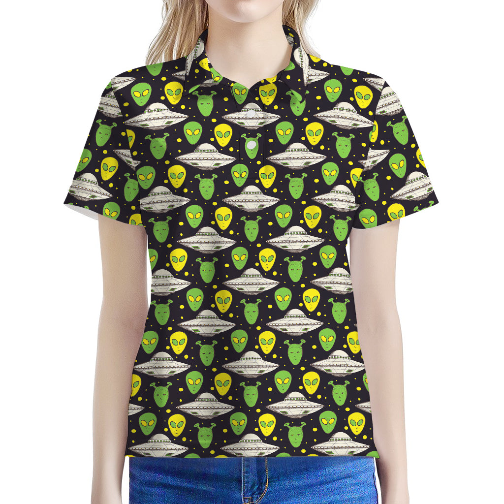 Green Alien UFO Space Print Women's Polo Shirt