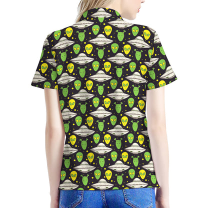 Green Alien UFO Space Print Women's Polo Shirt