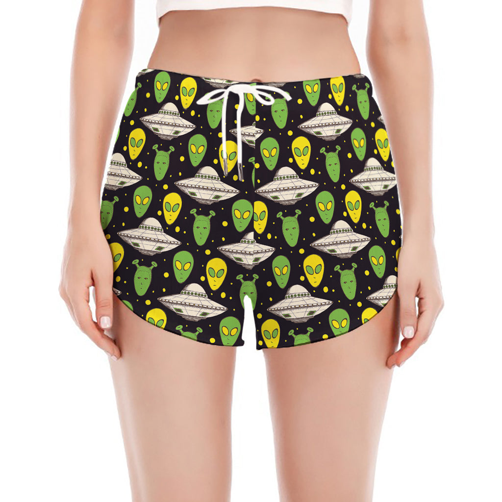 Green Alien UFO Space Print Women's Split Running Shorts