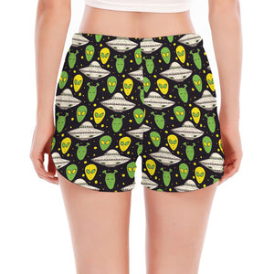 Green Alien UFO Space Print Women's Split Running Shorts