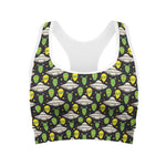 Green Alien UFO Space Print Women's Sports Bra