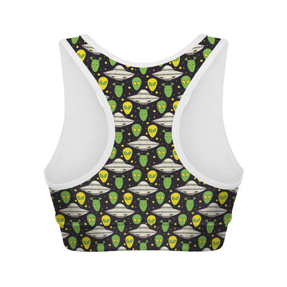Green Alien UFO Space Print Women's Sports Bra