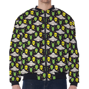 Green Alien UFO Space Print Zip Sleeve Bomber Jacket