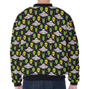 Green Alien UFO Space Print Zip Sleeve Bomber Jacket