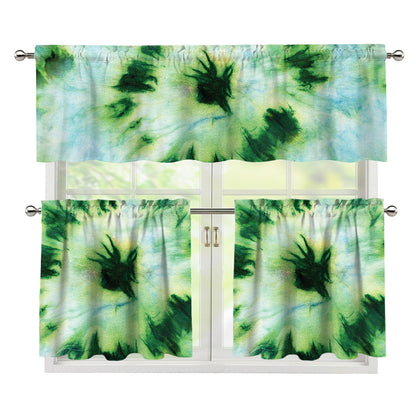 Green And Black Acid Wash Tie Dye Print 3 Piece Kitchen Curtains