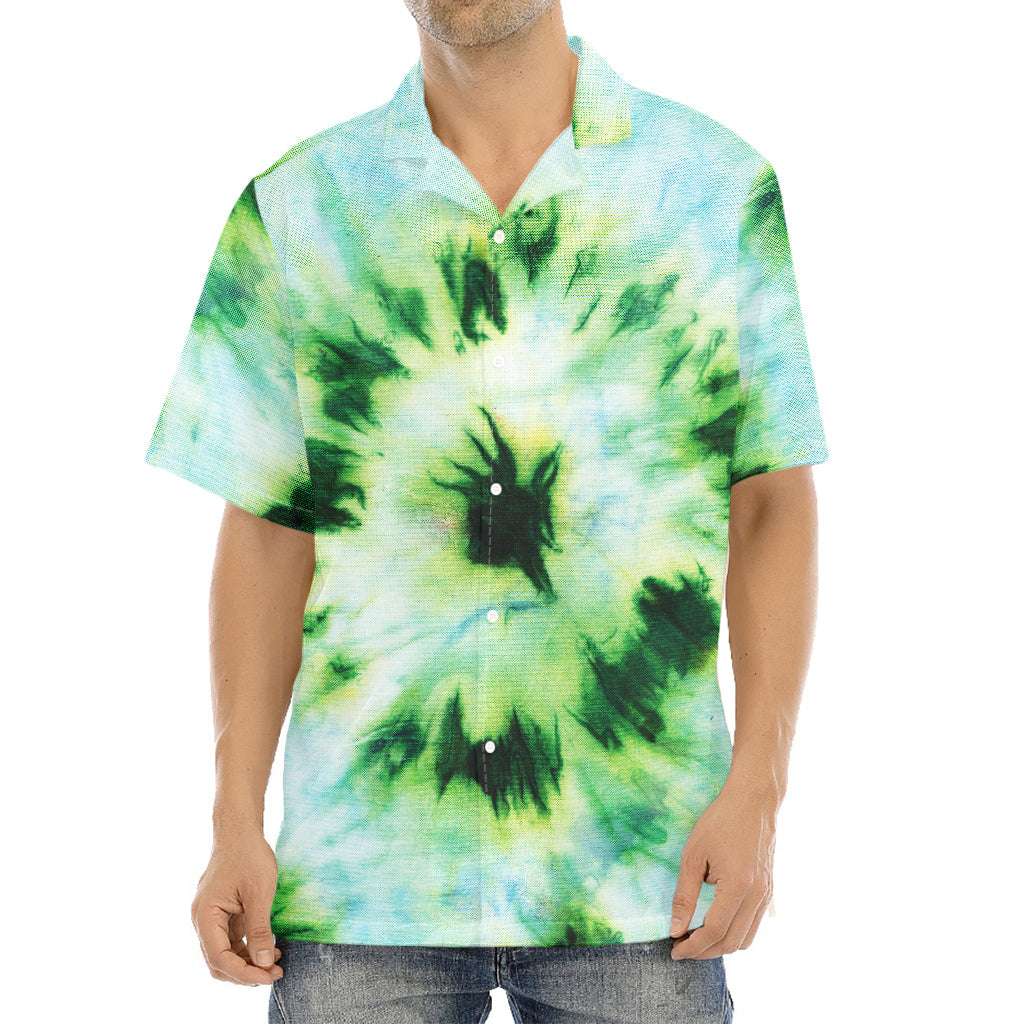 Green And Black Acid Wash Tie Dye Print Aloha Shirt