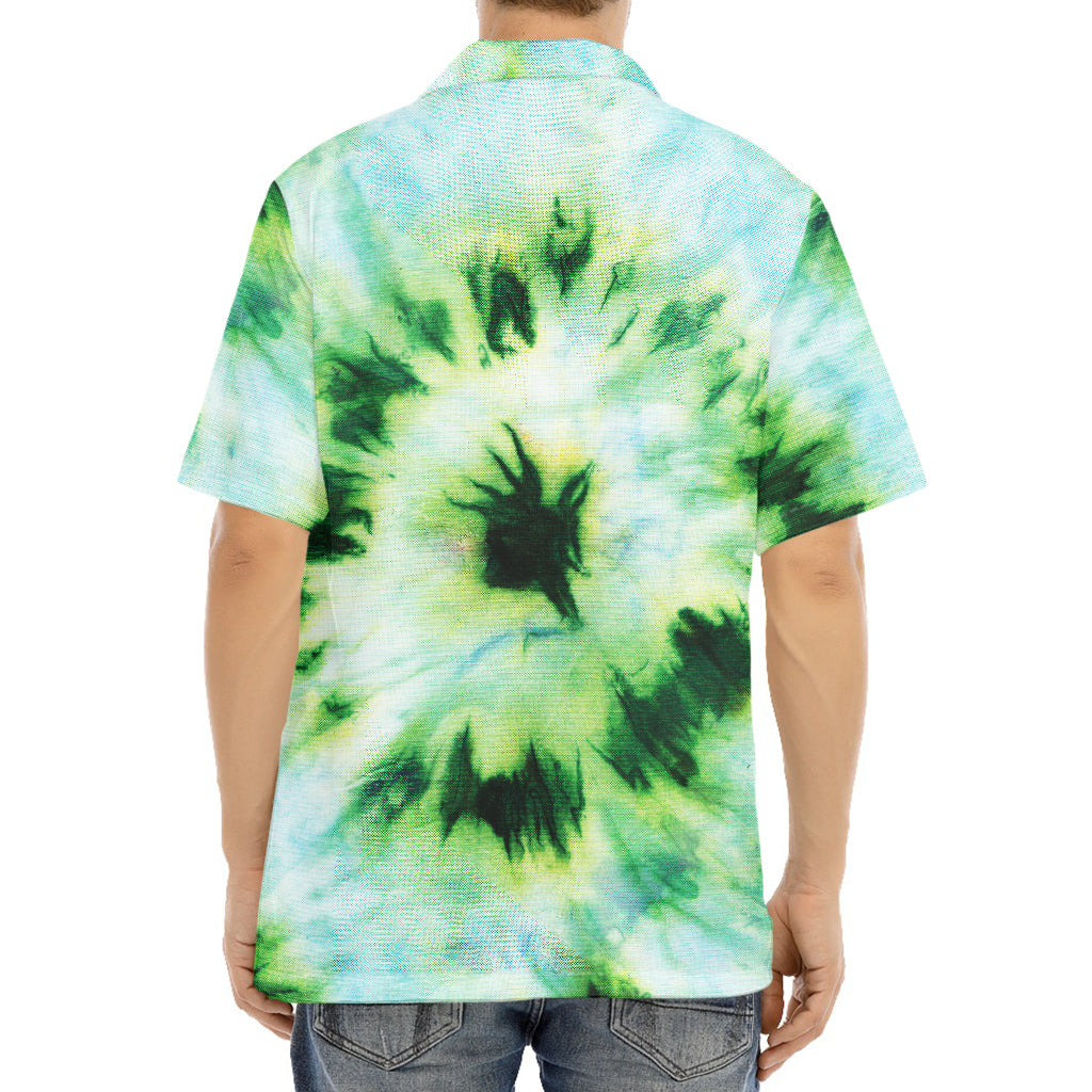 Green And Black Acid Wash Tie Dye Print Aloha Shirt