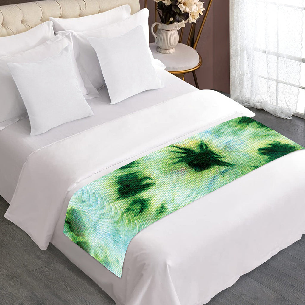 Green And Black Acid Wash Tie Dye Print Bed Runner