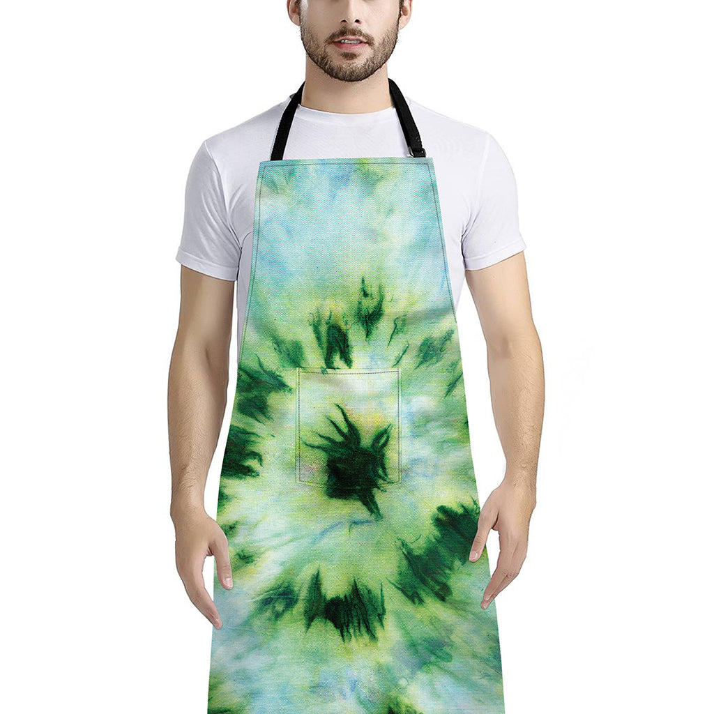 Green And Black Acid Wash Tie Dye Print Bib Apron With Pocket