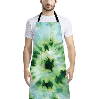 Green And Black Acid Wash Tie Dye Print Bib Apron With Pocket