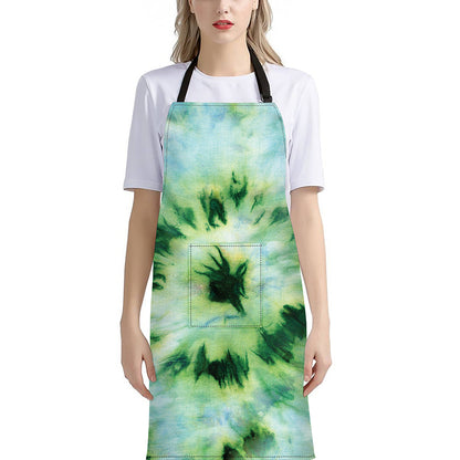 Green And Black Acid Wash Tie Dye Print Bib Apron With Pocket