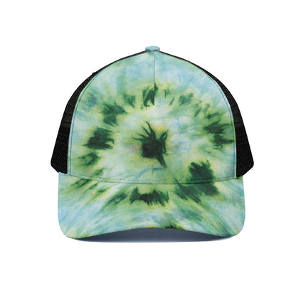 Green And Black Acid Wash Tie Dye Print Black Mesh Trucker Cap