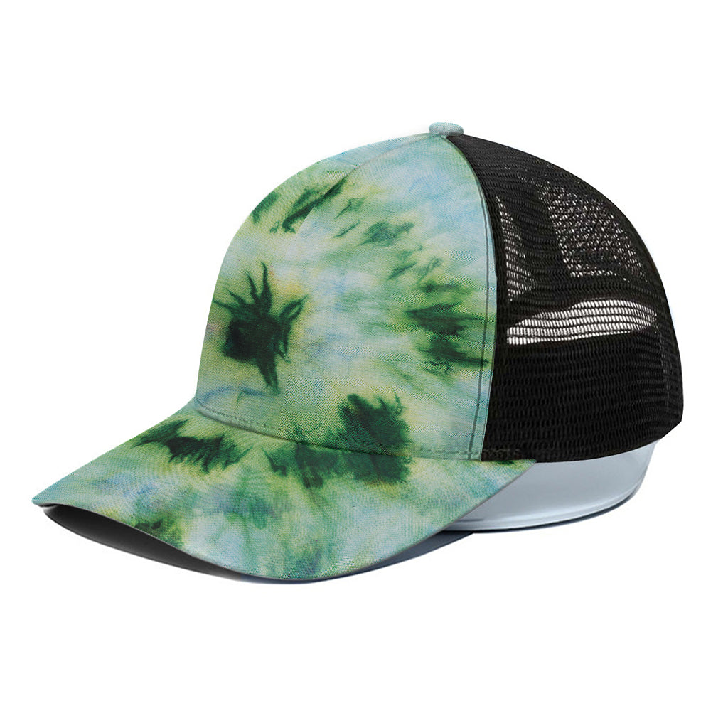 Green And Black Acid Wash Tie Dye Print Black Mesh Trucker Cap