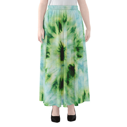 Green And Black Acid Wash Tie Dye Print Chiffon Maxi Skirt
