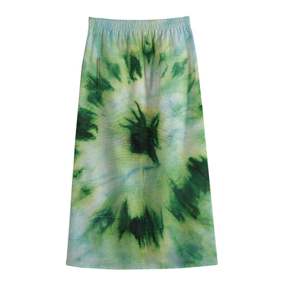 Green And Black Acid Wash Tie Dye Print Cotton Front Slit Maxi Skirt