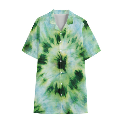 Green And Black Acid Wash Tie Dye Print Cotton Hawaiian Shirt