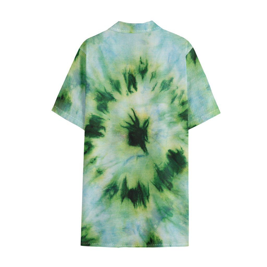 Green And Black Acid Wash Tie Dye Print Cotton Hawaiian Shirt