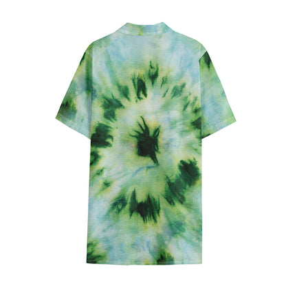 Green And Black Acid Wash Tie Dye Print Cotton Hawaiian Shirt