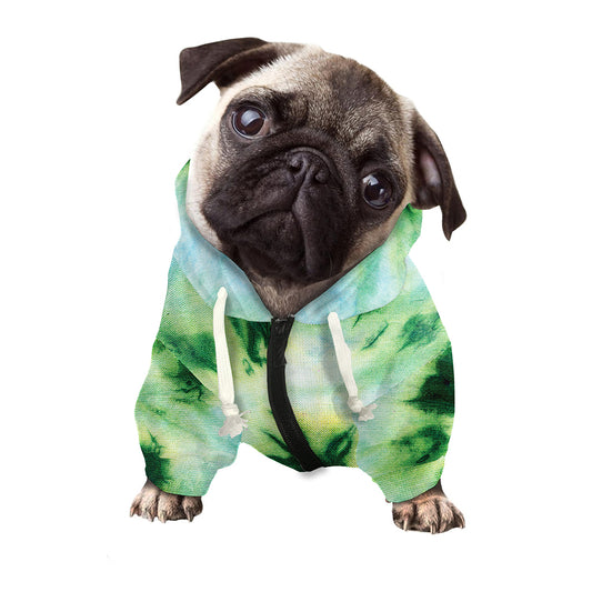 Green And Black Acid Wash Tie Dye Print Dog Zip Up Hoodie