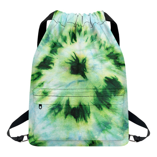 Green And Black Acid Wash Tie Dye Print Drawstring Backpack
