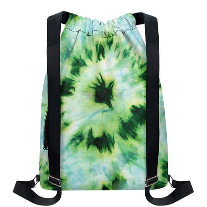Green And Black Acid Wash Tie Dye Print Drawstring Backpack