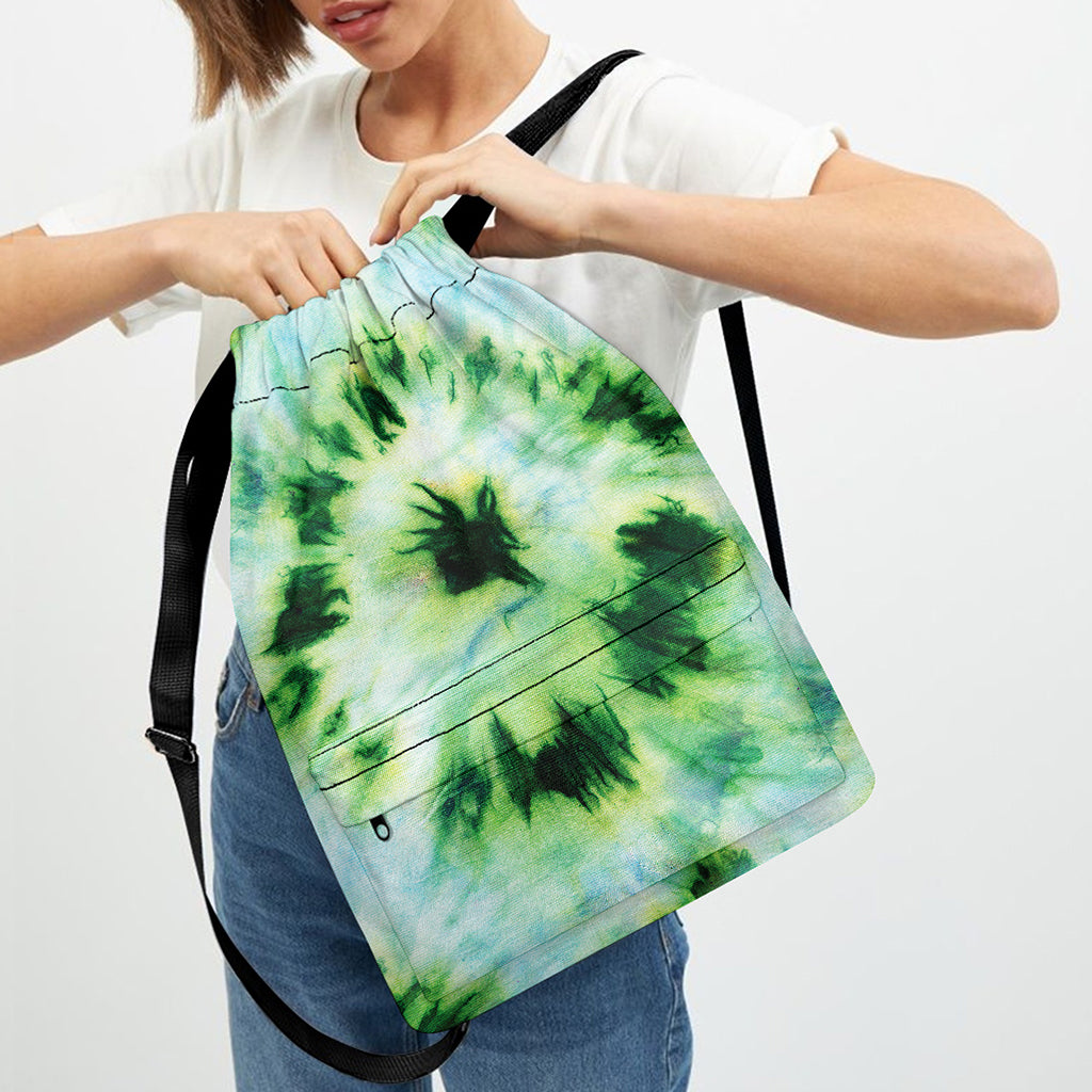 Green And Black Acid Wash Tie Dye Print Drawstring Backpack
