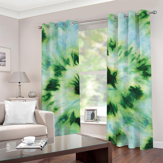 Green And Black Acid Wash Tie Dye Print Grommet Curtains