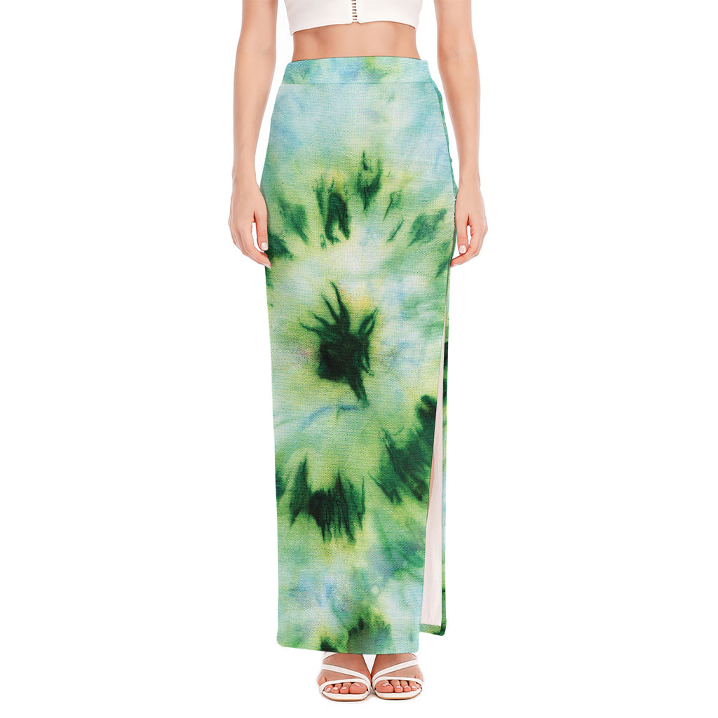 Green And Black Acid Wash Tie Dye Print High Slit Maxi Skirt
