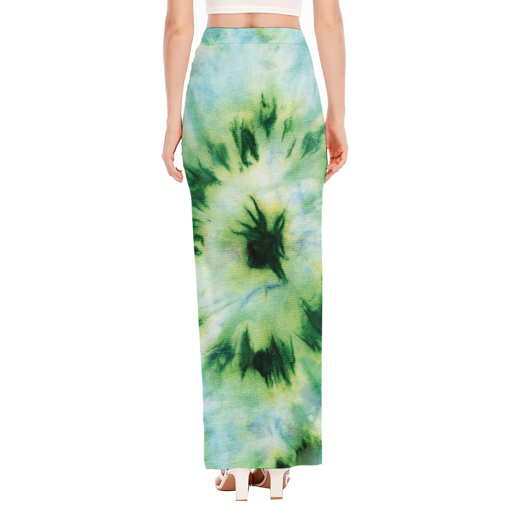 Green And Black Acid Wash Tie Dye Print High Slit Maxi Skirt