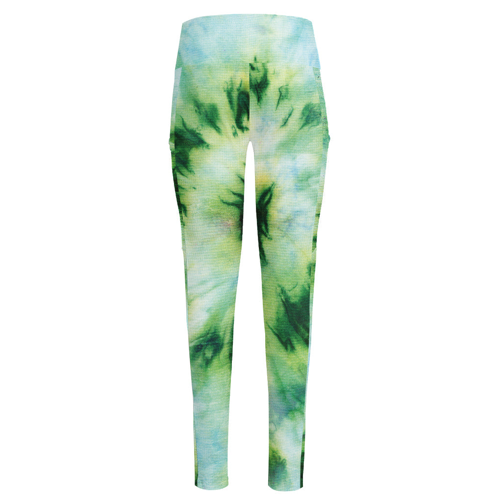 Green And Black Acid Wash Tie Dye Print High-Waisted Pocket Leggings