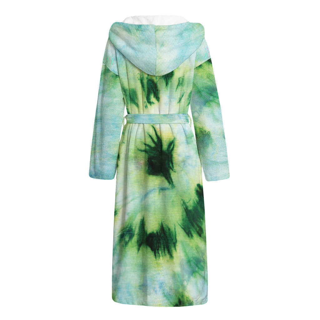 Green And Black Acid Wash Tie Dye Print Hooded Bathrobe