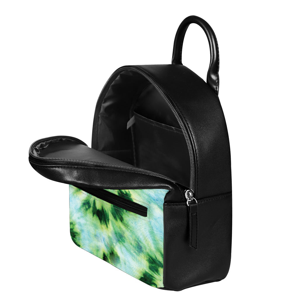 Green And Black Acid Wash Tie Dye Print Leather Backpack