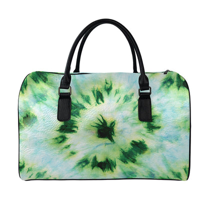 Green And Black Acid Wash Tie Dye Print Leather Duffle Bag