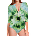 Green And Black Acid Wash Tie Dye Print Long Sleeve Swimsuit