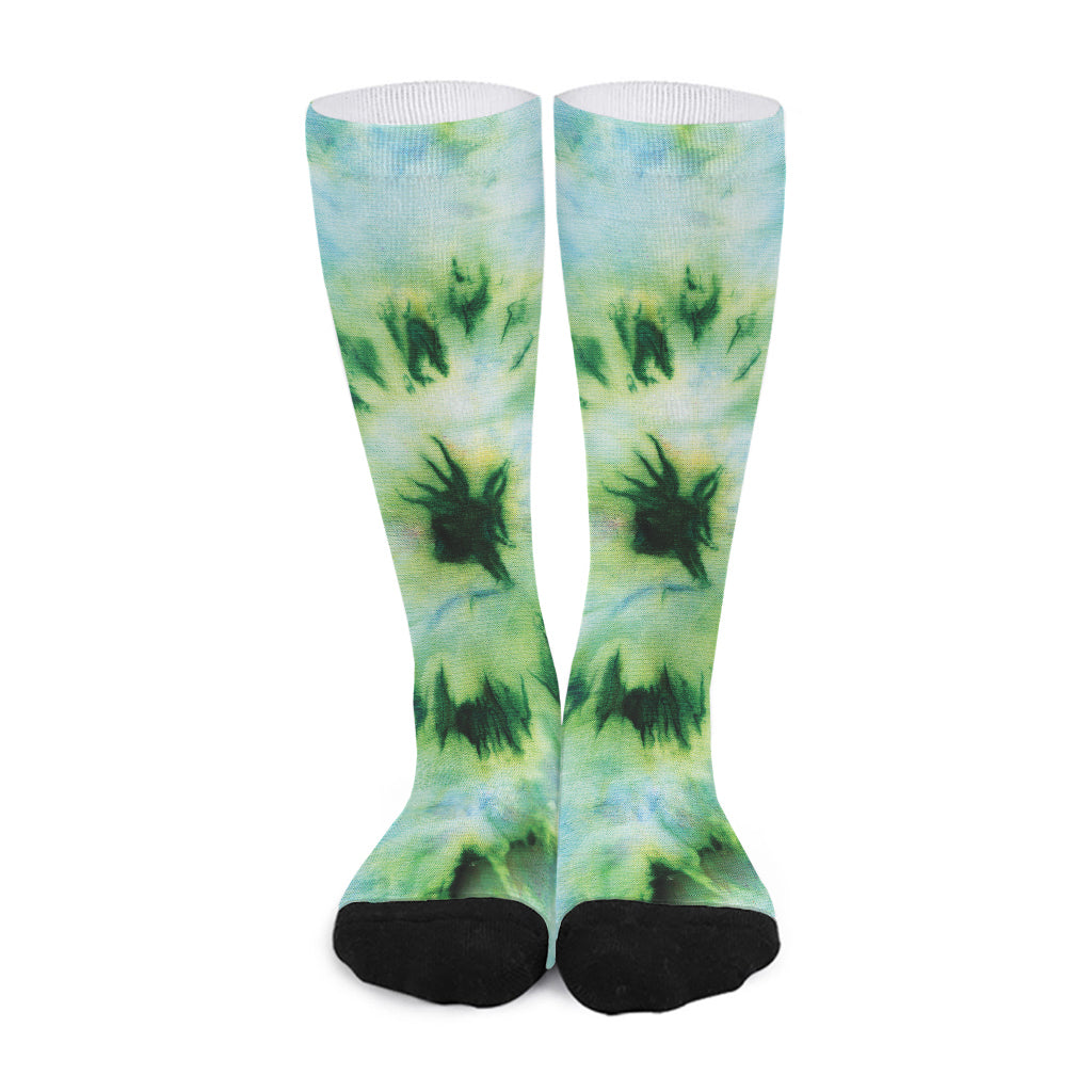 Green And Black Acid Wash Tie Dye Print Long Socks
