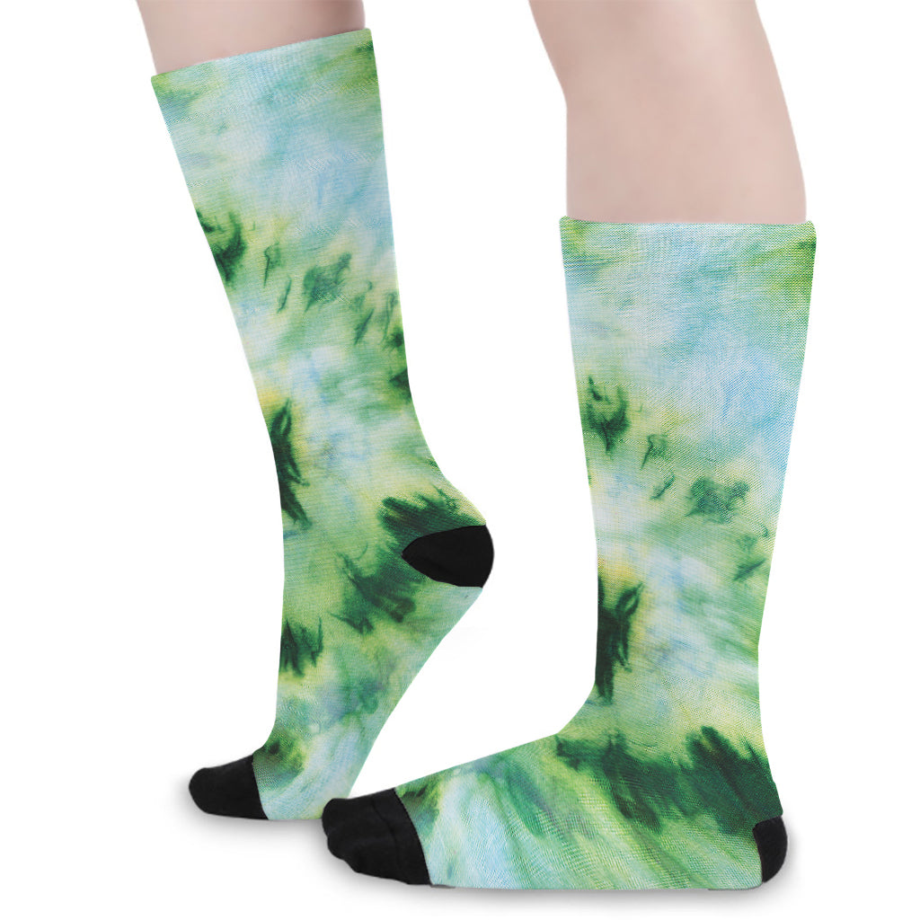 Green And Black Acid Wash Tie Dye Print Long Socks