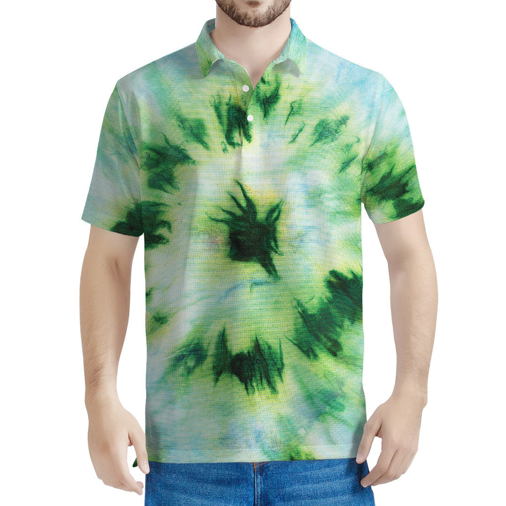 Green And Black Acid Wash Tie Dye Print Men's Polo Shirt
