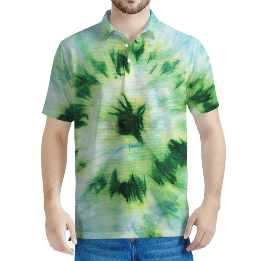Green And Black Acid Wash Tie Dye Print Men's Polo Shirt