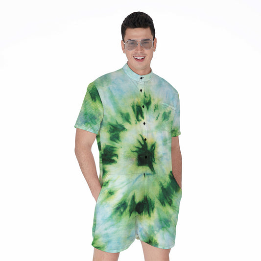 Green And Black Acid Wash Tie Dye Print Men's Rompers