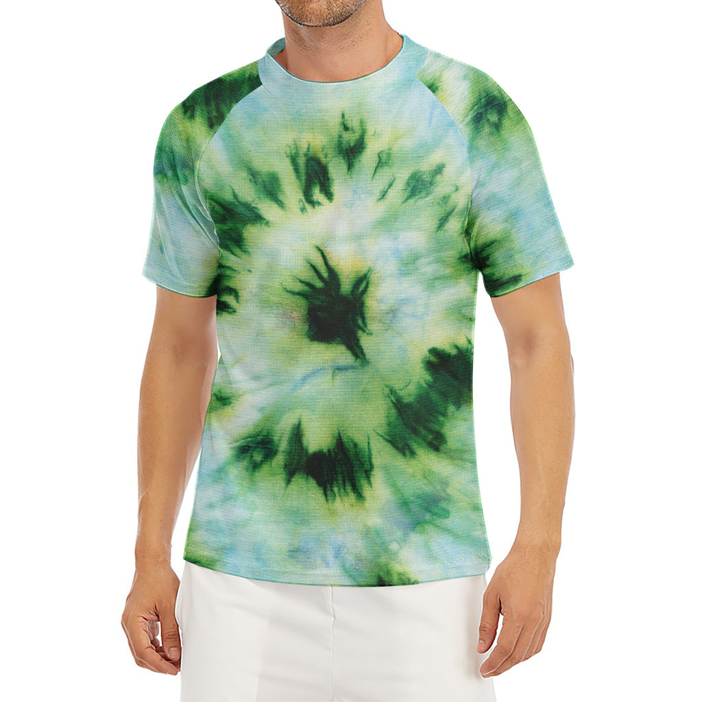 Green And Black Acid Wash Tie Dye Print Men's Short Sleeve Rash Guard