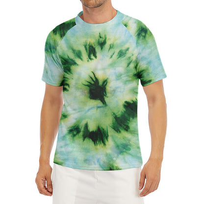 Green And Black Acid Wash Tie Dye Print Men's Short Sleeve Rash Guard